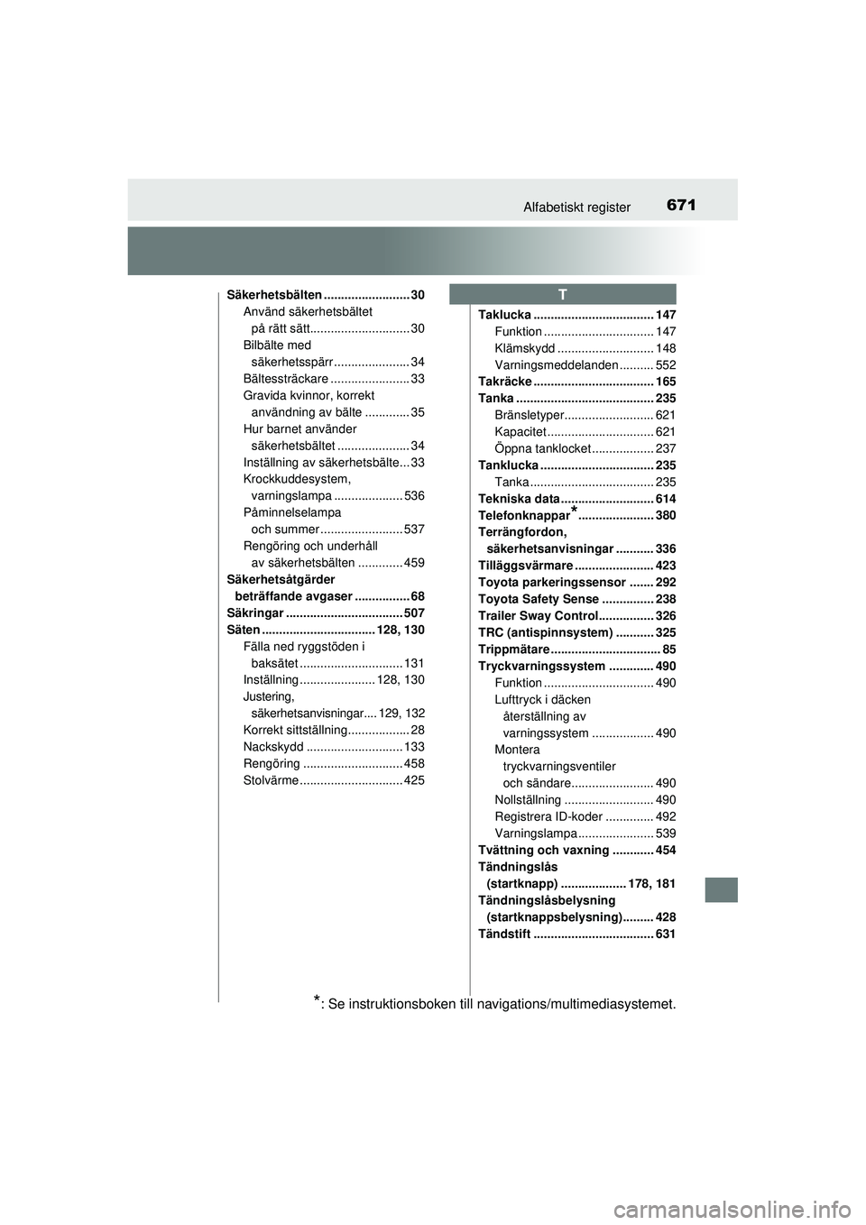 TOYOTA RAV4 2016  Bruksanvisningar (in Swedish) 671Alfabetiskt register
OM42A45SE
Säkerhetsbälten ......................... 30Använd säkerhetsbältet 
på rätt sätt............................. 30
Bilbälte med  säkerhetsspärr .............