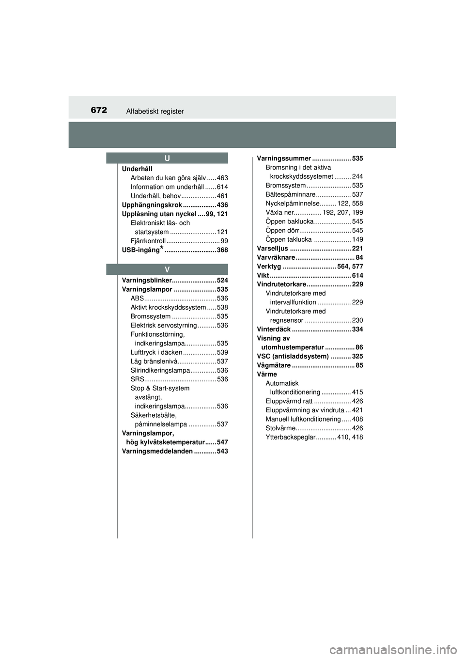 TOYOTA RAV4 2015 Bruksanvisningar (in Swedish) 672Alfabetiskt register
OM42A45SE
UnderhållArbeten du kan göra själv ..... 463
Information om underhåll ...... 614
Underhåll, behov ................... 461
Upphängningskrok .................. 43 TOYOTA RAV4 2015 Bruksanvisningar (in Swedish) 672Alfabetiskt register
OM42A45SE
UnderhållArbeten du kan göra själv ..... 463
Information om underhåll ...... 614
Underhåll, behov ................... 461
Upphängningskrok .................. 43