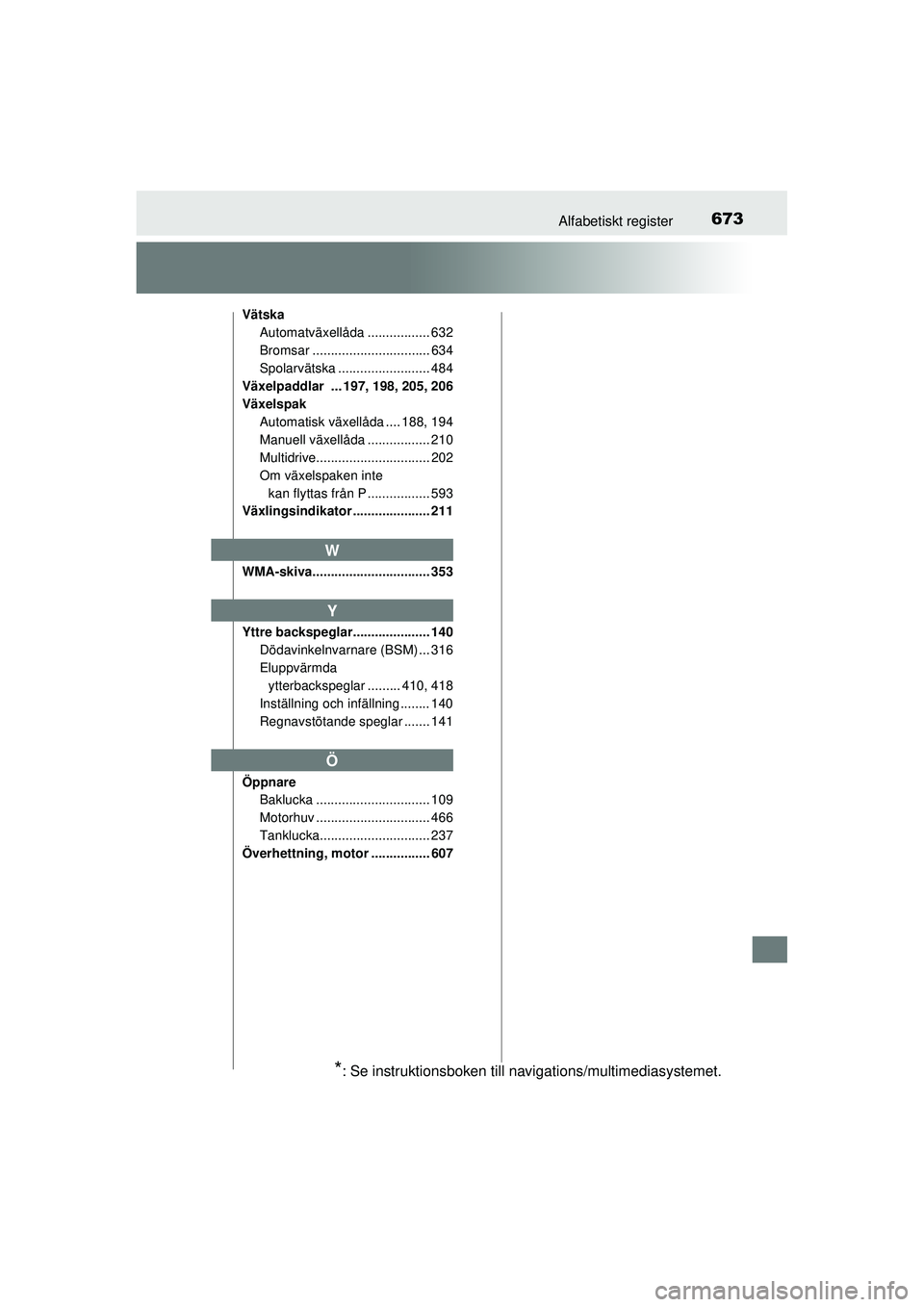 TOYOTA RAV4 2015 Bruksanvisningar (in Swedish) 673Alfabetiskt register
OM42A45SE
VätskaAutomatväxellåda ................. 632
Bromsar ................................ 634
Spolarvätska ......................... 484
Växelpaddlar ... 197, 198, TOYOTA RAV4 2015 Bruksanvisningar (in Swedish) 673Alfabetiskt register
OM42A45SE
VätskaAutomatväxellåda ................. 632
Bromsar ................................ 634
Spolarvätska ......................... 484
Växelpaddlar ... 197, 198,