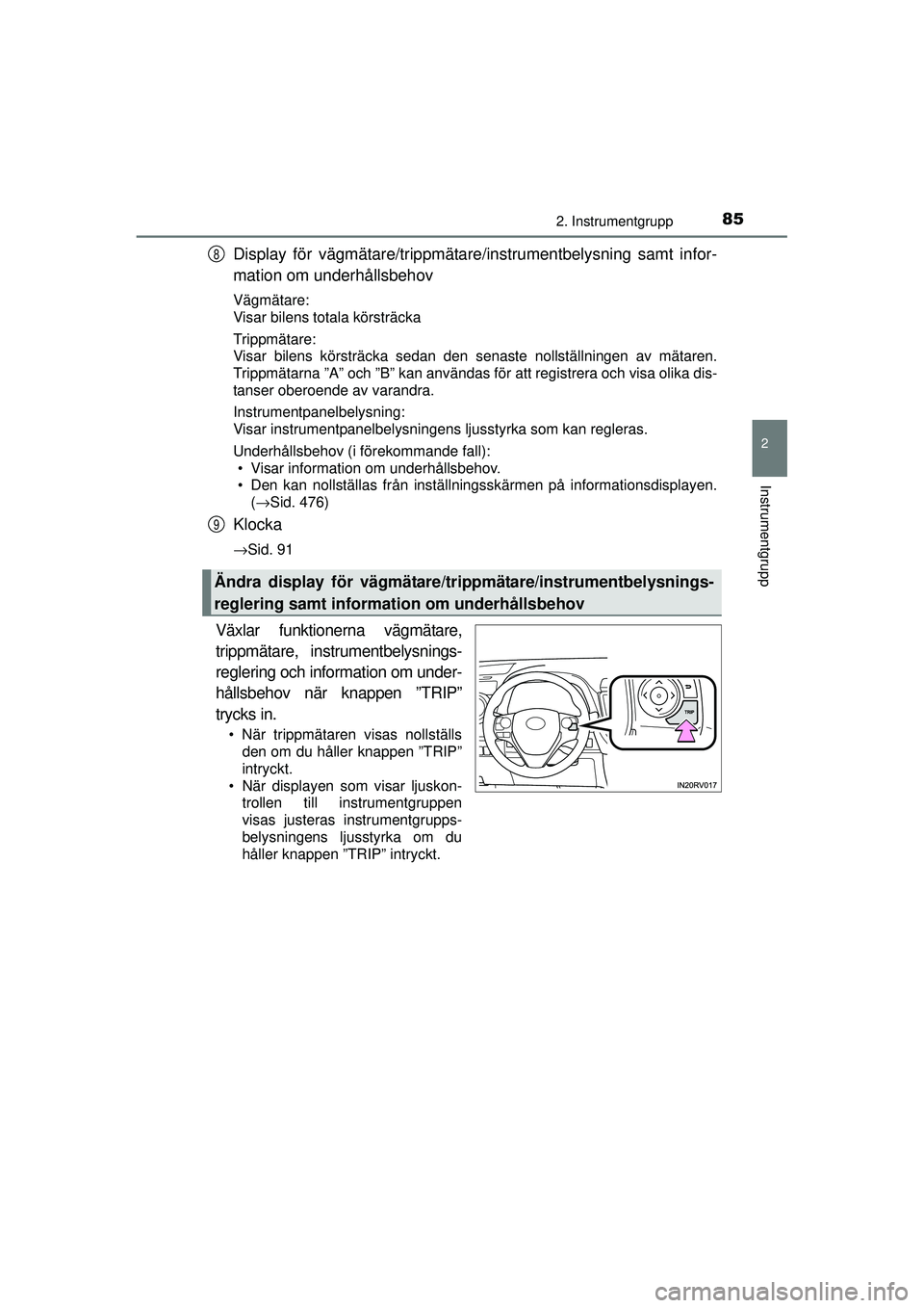 TOYOTA RAV4 2015 Bruksanvisningar (in Swedish) 852. Instrumentgrupp
2
Instrumentgrupp
OM42A45SE
Display för vägmätare/trippmätare/instrumentbelysning samt infor-
mation om underhållsbehov
Vägmätare:
Visar bilens totala körsträcka
Trippmä TOYOTA RAV4 2015 Bruksanvisningar (in Swedish) 852. Instrumentgrupp
2
Instrumentgrupp
OM42A45SE
Display för vägmätare/trippmätare/instrumentbelysning samt infor-
mation om underhållsbehov
Vägmätare:
Visar bilens totala körsträcka
Trippmä