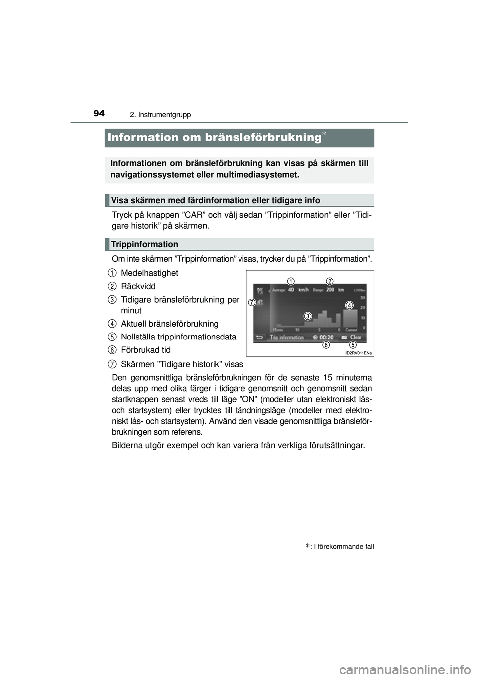 TOYOTA RAV4 2016  Bruksanvisningar (in Swedish) 942. Instrumentgrupp
OM42A45SE
Information om bränsleförbrukning∗
Tryck på knappen ”CAR” och välj sedan ”Trippinformation” eller ”Tidi-
gare historik” på skärmen.
Om inte skärmen 