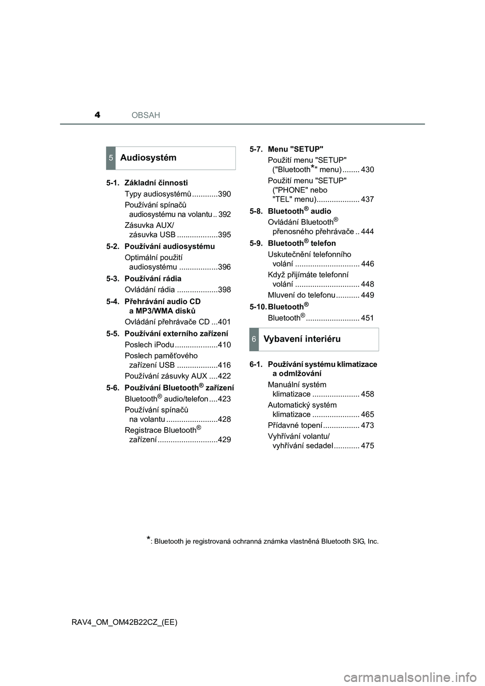 TOYOTA RAV4 2016  Návod na použití (in Czech) OBSAH4
RAV4_OM_OM42B22CZ_(EE) 
5-1. Základní  činnosti 
Typy audiosystém ů............390
Používání spínačů  
audiosystému na volantu .. 392
Zásuvka AUX/
zásuvka USB ...................