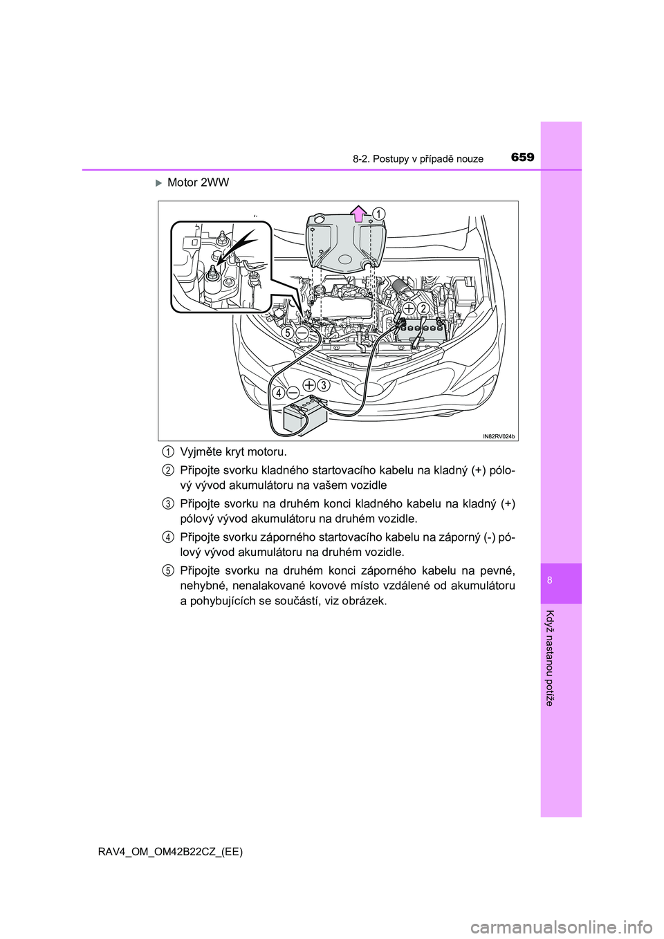 TOYOTA RAV4 2016 Návod na použití (in Czech) 6598-2. Postupy v případě nouze
8
Když nastanou potíže
RAV4_OM_OM42B22CZ_(EE)
Motor 2WW
Vyjm ěte kryt motoru.
P řipojte svorku kladného startovacího kabelu na kladný (+) pólo-
vý v TOYOTA RAV4 2016 Návod na použití (in Czech) 6598-2. Postupy v případě nouze
8
Když nastanou potíže
RAV4_OM_OM42B22CZ_(EE)
Motor 2WW
Vyjm ěte kryt motoru.
P řipojte svorku kladného startovacího kabelu na kladný (+) pólo-
vý v