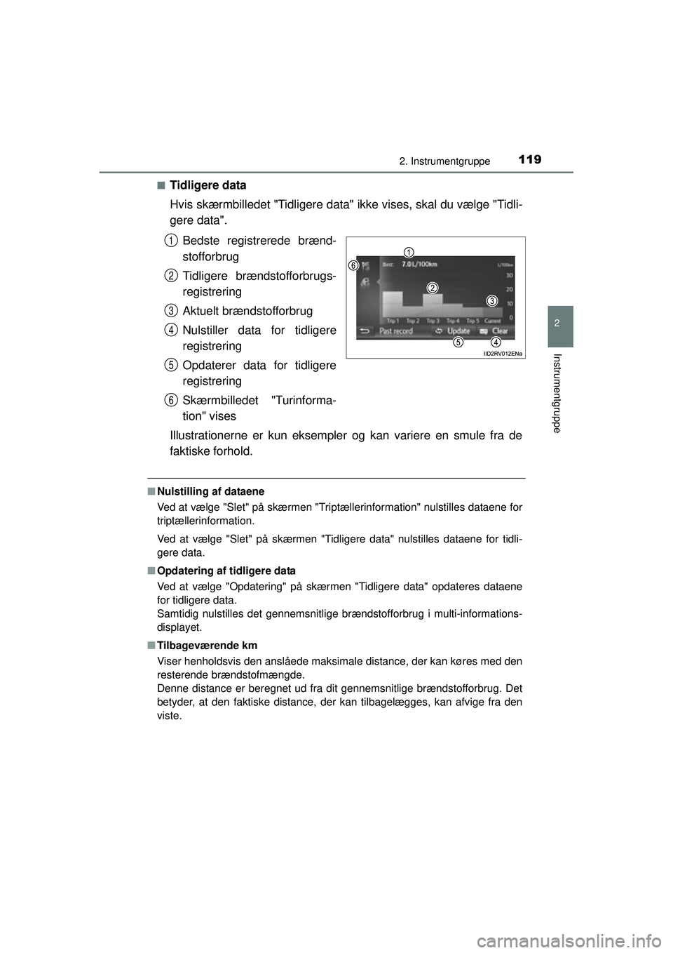 TOYOTA RAV4 2015  Brugsanvisning (in Danish) 1192. Instrumentgruppe
2
Instrumentgruppe
OM42A79DK■
Tidligere data
Hvis skærmbilledet "Tidligere data" 
ikke vises, skal du vælge "Tidli-
gere data".
Bedste registrerede brænd-
stofforbrug
Tidli