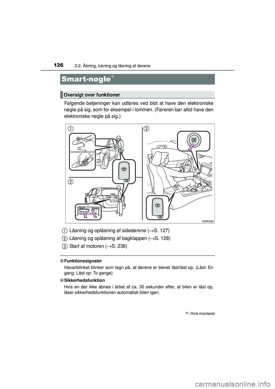 TOYOTA RAV4 2015  Brugsanvisning (in Danish) 1263-2. Åbning, lukning og låsning af dørene
OM42A79DK
Smar t-nøgle∗
Følgende betjeninger kan udføres ved blot at have den elektroniske
nøgle på sig, som for eksempel i lommen. (Føreren bø