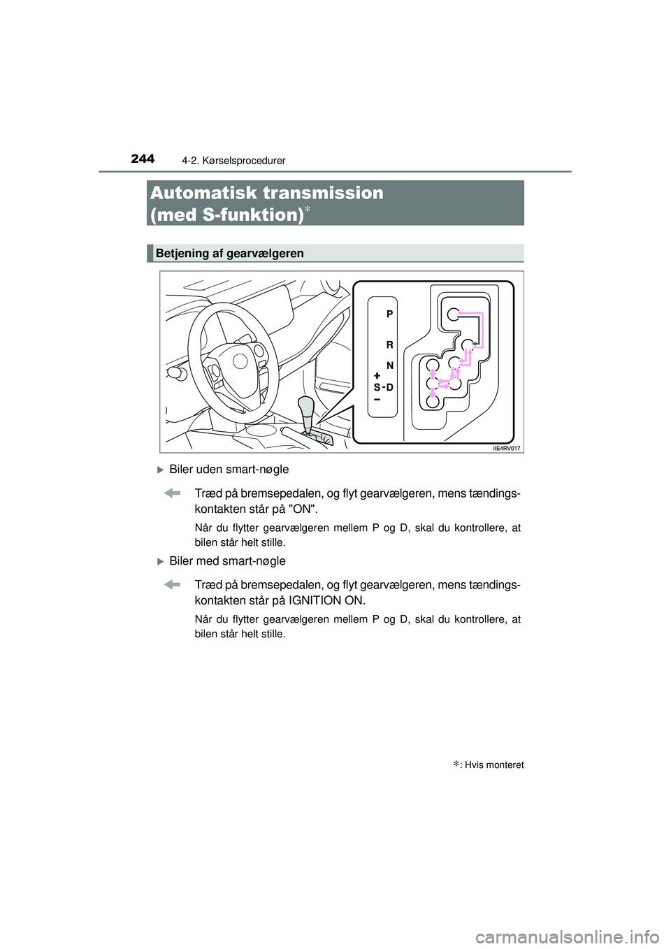 TOYOTA RAV4 2015  Brugsanvisning (in Danish) 2444-2. Kørselsprocedurer
OM42A79DK
Automatisk transmission 
(med S-funktion)
∗
�XBiler uden smart-nøgleTræd på bremsepedalen, og flyt gearvælgeren, mens tændings-
kontakten står på "ON".
N
