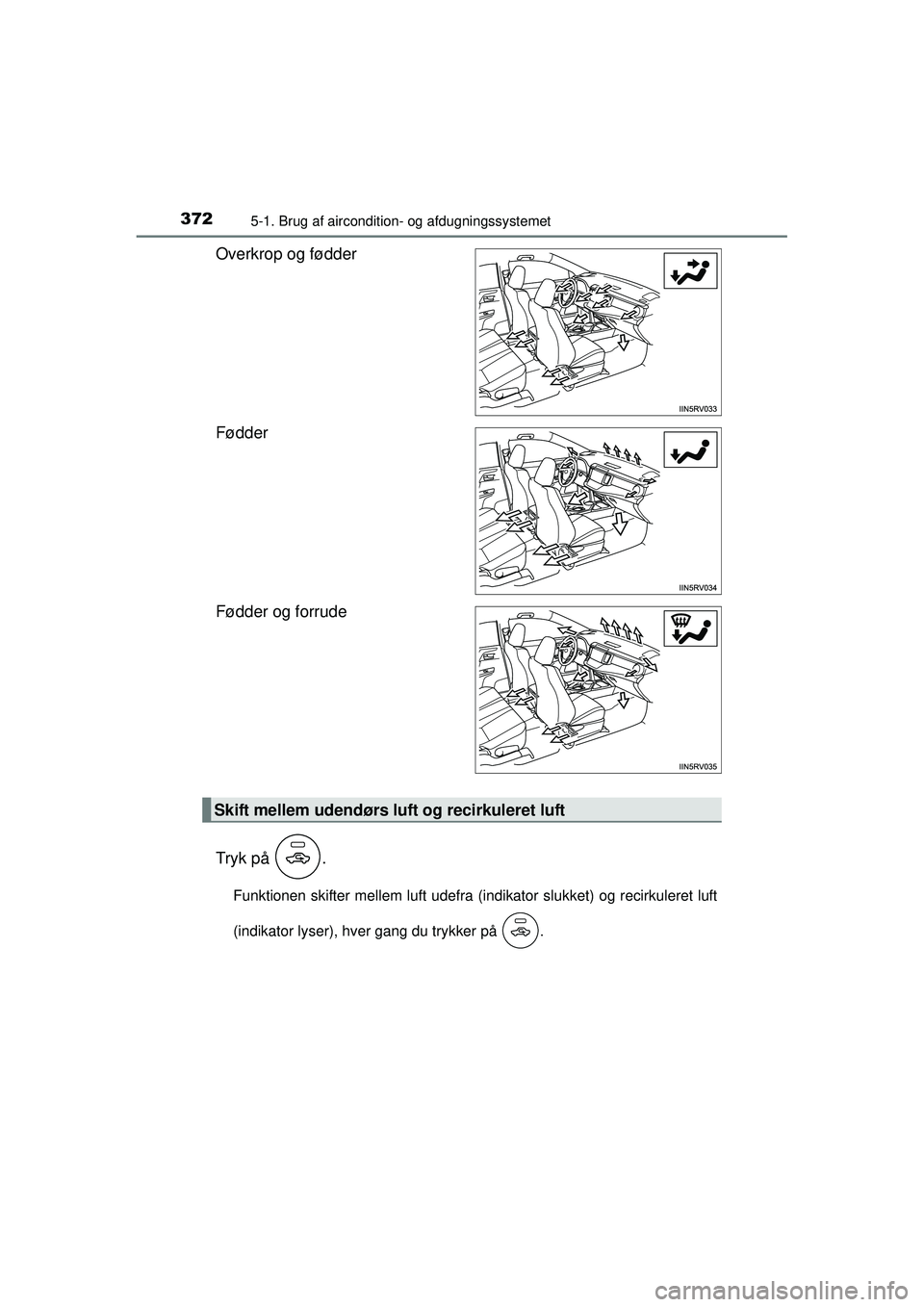 TOYOTA RAV4 2015  Brugsanvisning (in Danish) 3725-1. Brug af aircondition- og afdugningssystemet
OM42A79DK
Overkrop og fødder
Fødder
Fødder og forrude
Tryk på  .
Funktionen skifter mellem luft udefra (indikator slukket) og recirkuleret luft
