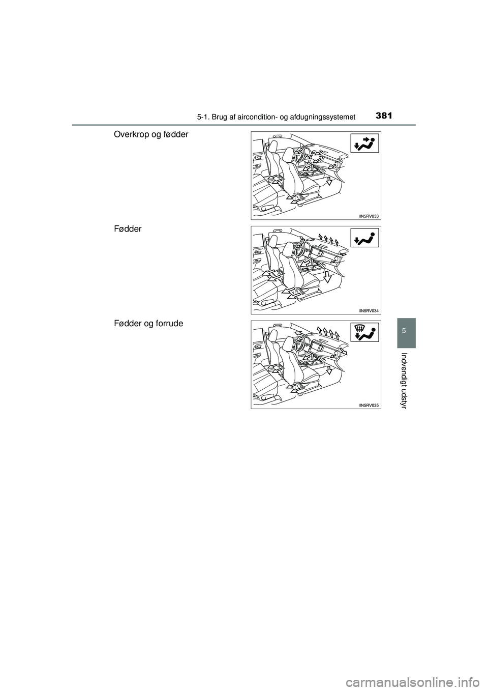TOYOTA RAV4 2015  Brugsanvisning (in Danish) 3815-1. Brug af aircondition- og afdugningssystemet
5
Indvendigt udstyr
OM42A79DK
Overkrop og fødder
Fødder
Fødder og forrude
OM42A79DK.book  Page 381  Friday, July 3, 2015  10:34 AM 