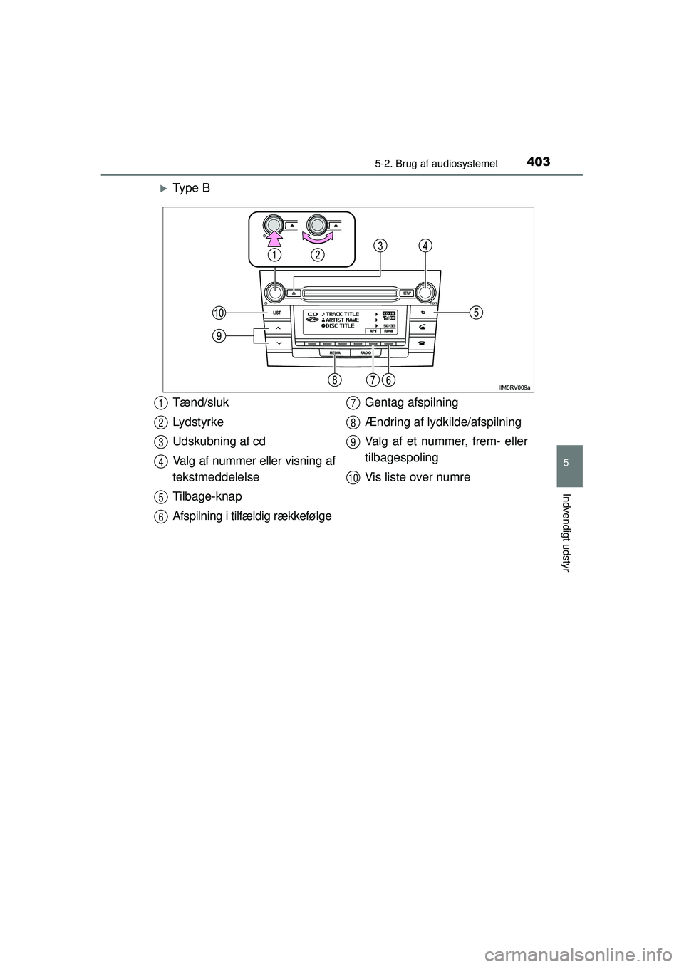 TOYOTA RAV4 2015  Brugsanvisning (in Danish) 4035-2. Brug af audiosystemet
5
Indvendigt udstyr
OM42A79DK
�XTy p e  B
Tænd/sluk
Lydstyrke
Udskubning af cd
Valg af nummer eller visning af
tekstmeddelelse
Tilbage-knap
Afspilning i tilfældig rækk
