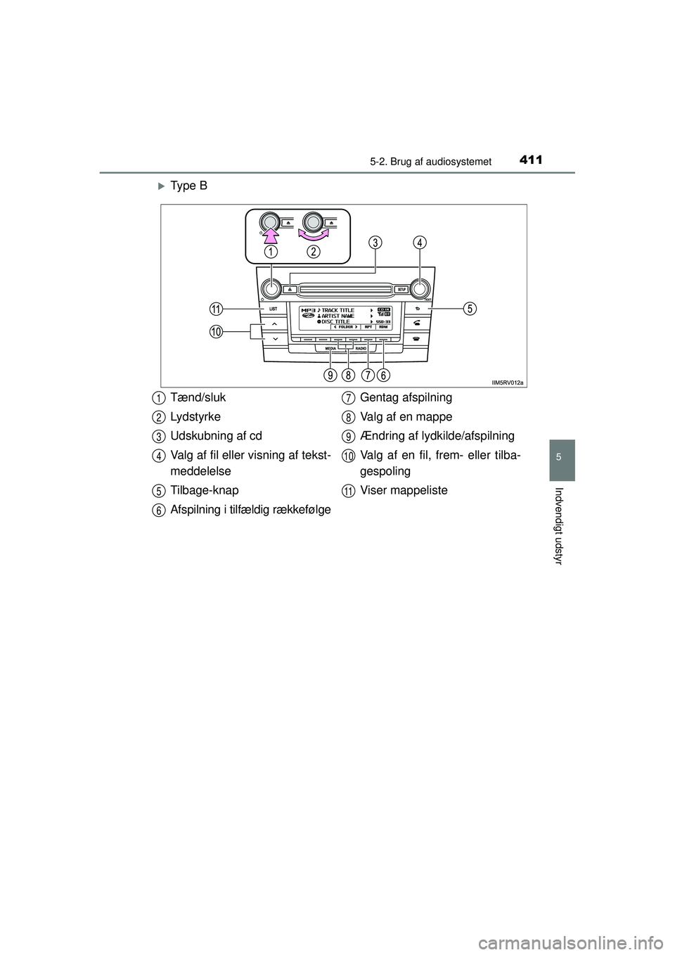TOYOTA RAV4 2015  Brugsanvisning (in Danish) 4115-2. Brug af audiosystemet
5
Indvendigt udstyr
OM42A79DK
�XTy p e  B
Tænd/sluk
Lydstyrke
Udskubning af cd
Valg af fil eller visning af tekst-
meddelelse
Tilbage-knap
Afspilning i tilfældig række
