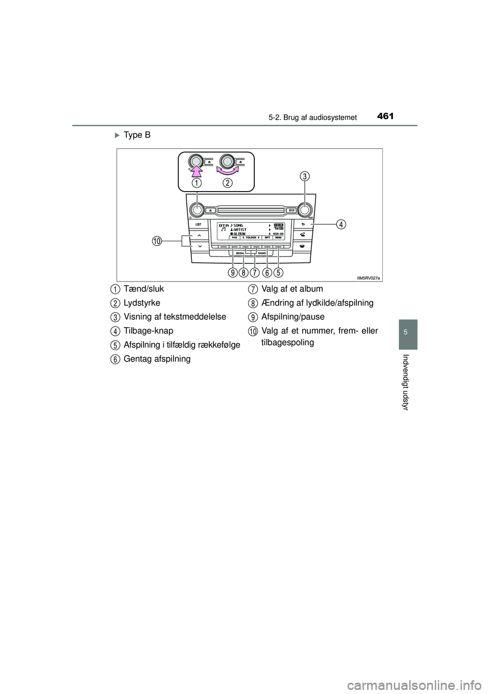 TOYOTA RAV4 2015  Brugsanvisning (in Danish) 4615-2. Brug af audiosystemet
5
Indvendigt udstyr
OM42A79DK
�XTy p e  B
Tænd/sluk
Lydstyrke
Visning af tekstmeddelelse
Tilbage-knap
Afspilning i tilfældig rækkefølge
Gentag afspilningValg af et al