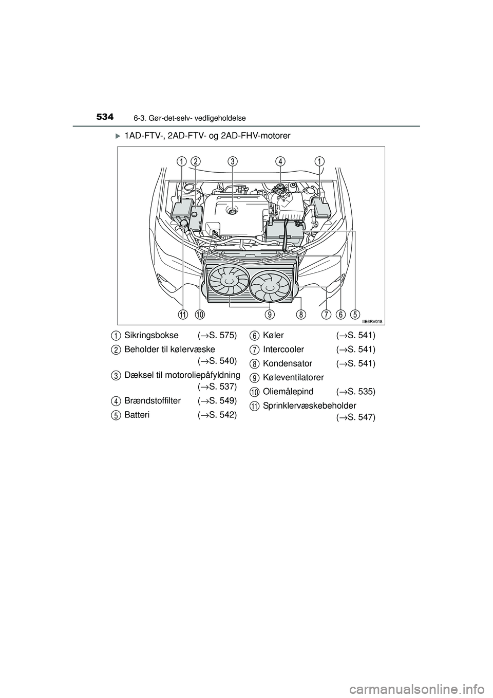 TOYOTA RAV4 2015  Brugsanvisning (in Danish) 5346-3. Gør-det-selv- vedligeholdelse
OM42A79DK
�X1AD-FTV-, 2AD-FTV- og 2AD-FHV-motorer
Sikringsbokse (→S. 575)
Beholder til kølervæske  (→ S. 540)
Dæksel til motoroliepåfyldning (→ S. 537)