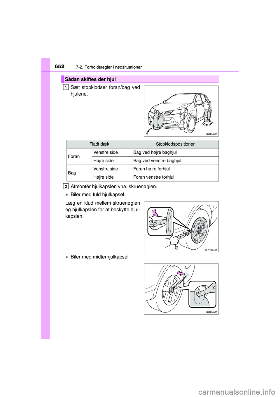 TOYOTA RAV4 2015  Brugsanvisning (in Danish) 6527-2. Forholdsregler i nødsituationer
OM42A79DK
Sæt stopklodser foran/bag ved
hjulene.
Afmontér hjulkapslen vha. skruenøglen.
�XBiler med fuld hjulkapsel
Læg en klud mellem skruenøglen
og hjul