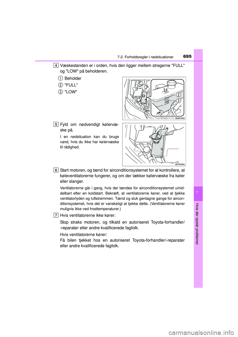 TOYOTA RAV4 2015 Brugsanvisning (in Danish) 6957-2. Forholdsregler i nødsituationer
7
Hvis der opstår problemer
OM42A79DK
Væskestanden er i orden, hvis den ligger mellem stregerne "FULL"
og "LOW" på beholderen.Beholder
"FULL"
"LOW"
Fyld om TOYOTA RAV4 2015 Brugsanvisning (in Danish) 6957-2. Forholdsregler i nødsituationer
7
Hvis der opstår problemer
OM42A79DK
Væskestanden er i orden, hvis den ligger mellem stregerne "FULL"
og "LOW" på beholderen.Beholder
"FULL"
"LOW"
Fyld om