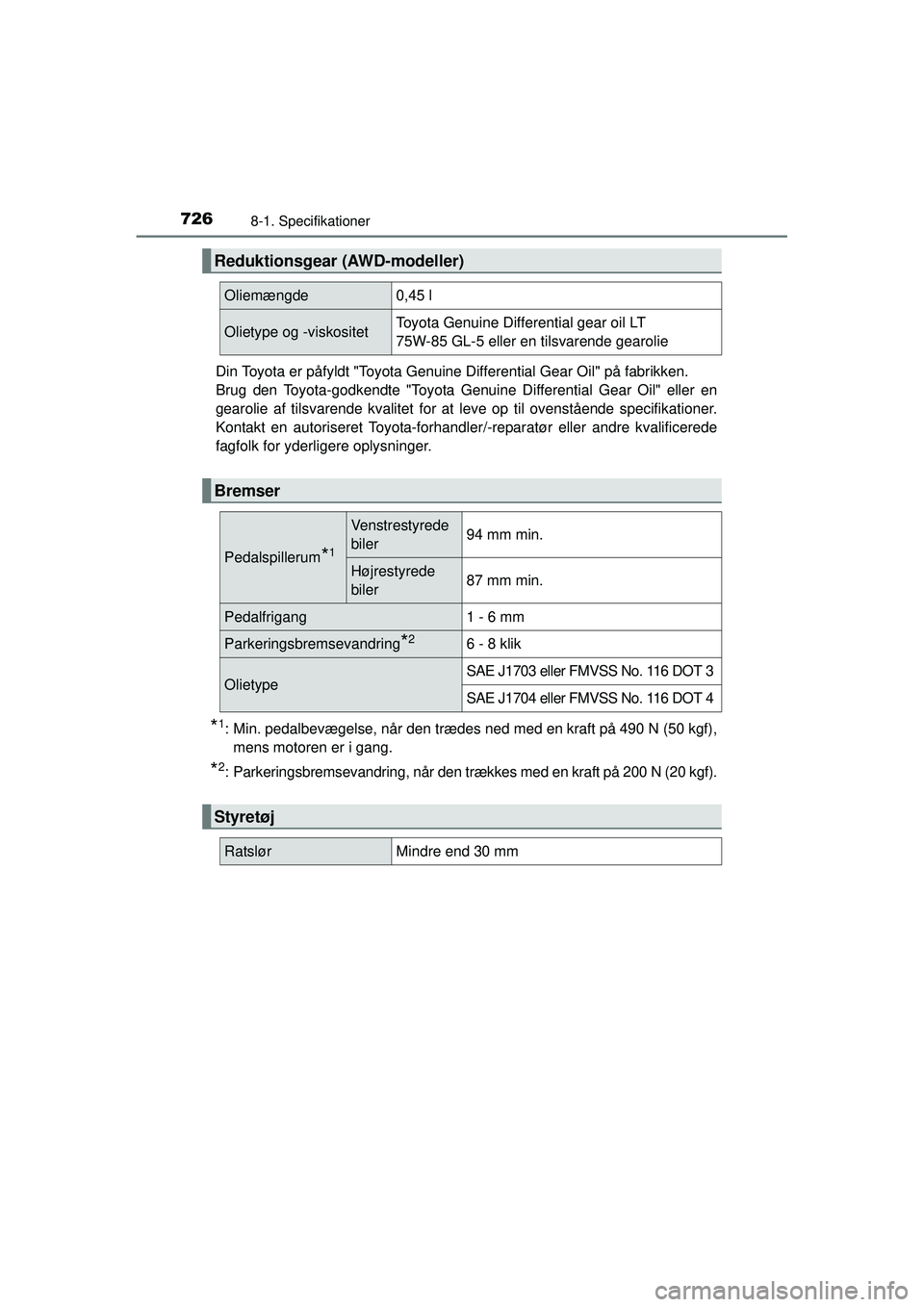 TOYOTA RAV4 2015  Brugsanvisning (in Danish) 7268-1. Specifikationer
OM42A79DKDin Toyota er påfyldt "Toyota Genuine Differential Gear Oil" på fabrikken.
Brug den Toyota-godkendte "Toyota Genuine Differential Gear Oil" eller en
gearolie af tils