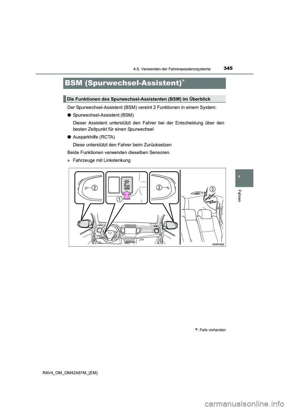 TOYOTA RAV4 2015 Betriebsanleitungen (in German) 345
4
4-5. Verwenden der Fahrerassistenzsysteme
Fahren
RAV4_OM_OM42A81M_(EM)
BSM (Spurwechsel-Assistent)∗
Der Spurwechsel-Assistent (BSM) vereint 2 Funktionen in einem System:
●Spurwechsel-Assiste TOYOTA RAV4 2015 Betriebsanleitungen (in German) 345
4
4-5. Verwenden der Fahrerassistenzsysteme
Fahren
RAV4_OM_OM42A81M_(EM)
BSM (Spurwechsel-Assistent)∗
Der Spurwechsel-Assistent (BSM) vereint 2 Funktionen in einem System:
●Spurwechsel-Assiste