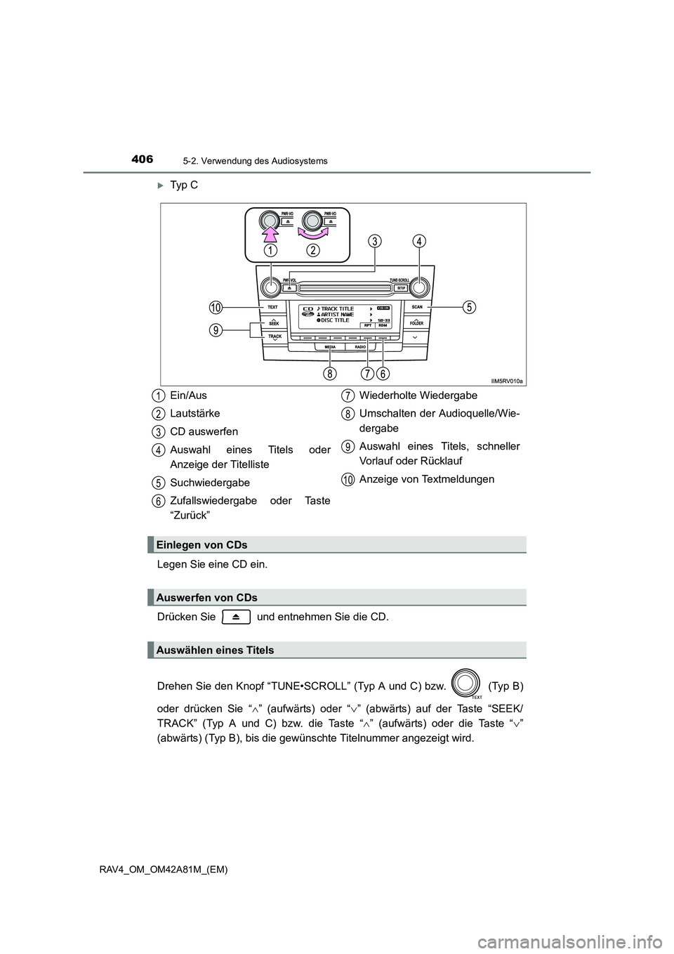 TOYOTA RAV4 2015  Betriebsanleitungen (in German) 4065-2. Verwendung des Audiosystems
RAV4_OM_OM42A81M_(EM)
�XTy p  C
Legen Sie eine CD ein.
Drücken Sie   und entnehmen Sie die CD.
Drehen Sie den Knopf “TUNE•SCROLL” (Typ A und C) bzw.   (Typ B