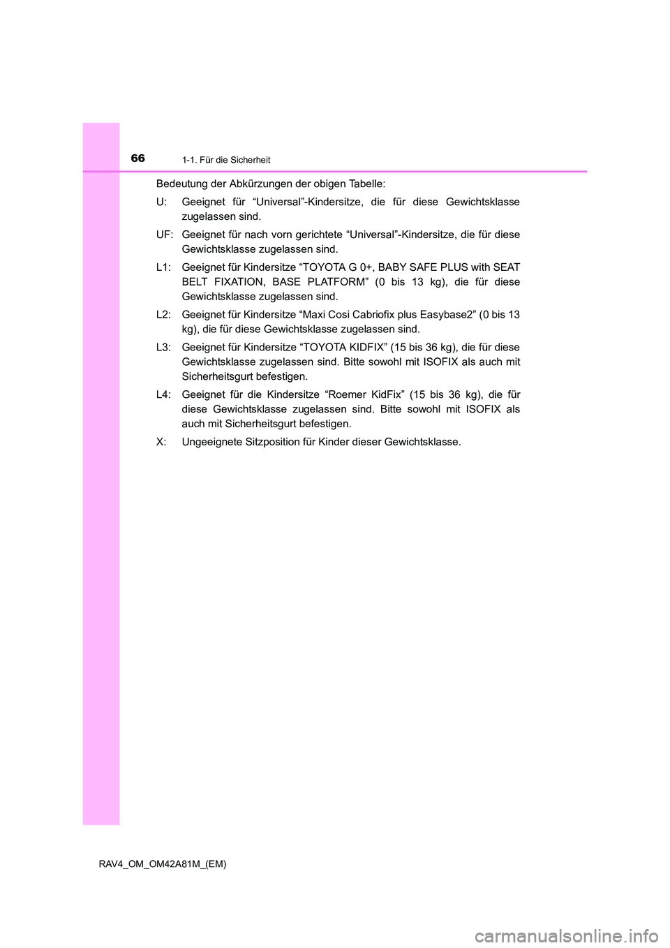 TOYOTA RAV4 2015 Betriebsanleitungen (in German) 661-1. Für die Sicherheit
RAV4_OM_OM42A81M_(EM)
Bedeutung der Abkürzungen der obigen Tabelle:
U: Geeignet für “Universal”-Kindersitze, die für diese Gewichtsklassezugelassen sind.
UF: Geeignet TOYOTA RAV4 2015 Betriebsanleitungen (in German) 661-1. Für die Sicherheit
RAV4_OM_OM42A81M_(EM)
Bedeutung der Abkürzungen der obigen Tabelle:
U: Geeignet für “Universal”-Kindersitze, die für diese Gewichtsklassezugelassen sind.
UF: Geeignet