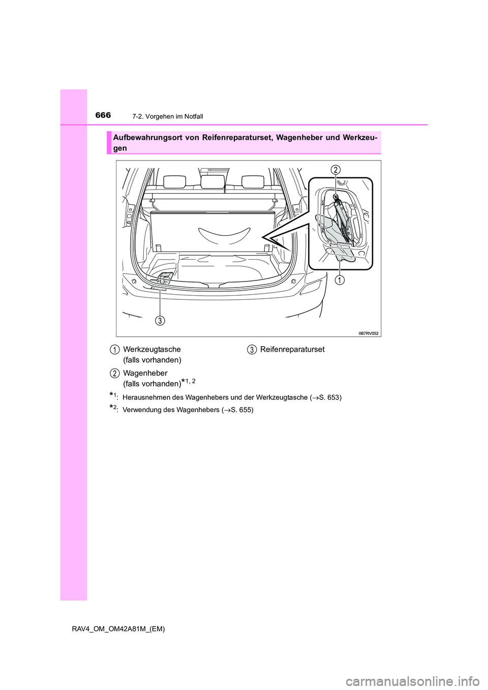 TOYOTA RAV4 2015 Betriebsanleitungen (in German) 6667-2. Vorgehen im Notfall
RAV4_OM_OM42A81M_(EM)
*1: Herausnehmen des Wagenhebers und der Werkzeugtasche (→S. 653)
*2: Verwendung des Wagenhebers ( →S. 655)
Aufbewahrungsort von Reifenreparatur TOYOTA RAV4 2015 Betriebsanleitungen (in German) 6667-2. Vorgehen im Notfall
RAV4_OM_OM42A81M_(EM)
*1: Herausnehmen des Wagenhebers und der Werkzeugtasche (→S. 653)
*2: Verwendung des Wagenhebers ( →S. 655)
Aufbewahrungsort von Reifenreparatur