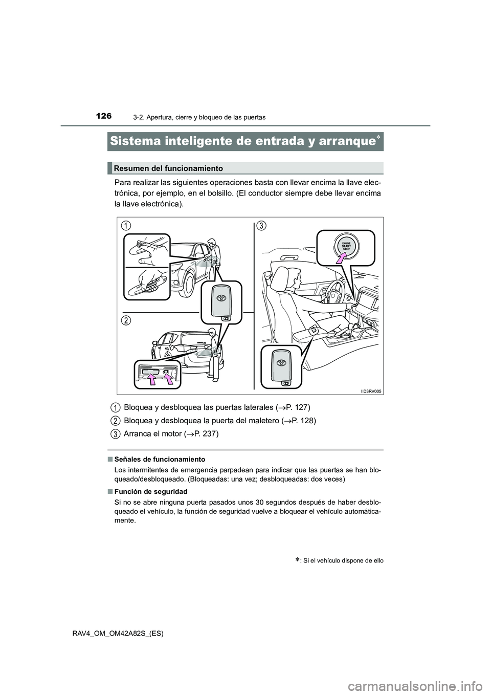 TOYOTA RAV4 2015  Manual del propietario (in Spanish) 1263-2. Apertura, cierre y bloqueo de las puertas
RAV4_OM_OM42A82S_(ES)
Sistema inteligente de entrada y arranque∗
Para realizar las siguientes operaciones basta con llevar encima la llave elec-
tr