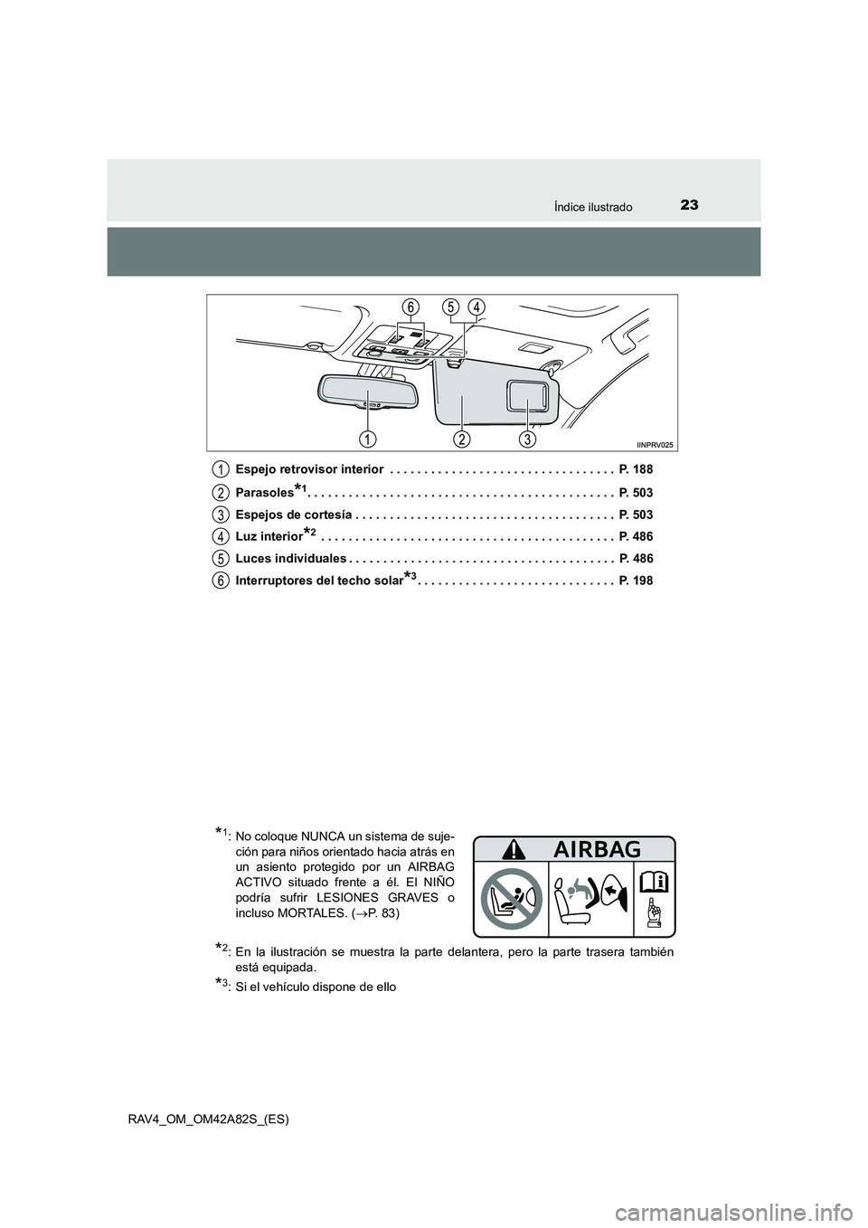 TOYOTA RAV4 2015 Manual del propietario (in Spanish) 23Índice ilustrado
RAV4_OM_OM42A82S_(ES)Espejo retrovisor interior . . . . . . . . . . . . . . . . . . . . . . . . . . . . . . . . . P. 188
Parasoles
*1. . . . . . . . . . . . . . . . . . . . . . . TOYOTA RAV4 2015 Manual del propietario (in Spanish) 23Índice ilustrado
RAV4_OM_OM42A82S_(ES)Espejo retrovisor interior . . . . . . . . . . . . . . . . . . . . . . . . . . . . . . . . . P. 188
Parasoles
*1. . . . . . . . . . . . . . . . . . . . . . .