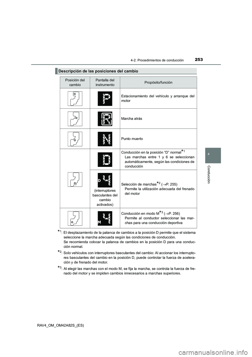 TOYOTA RAV4 2015  Manual del propietario (in Spanish) 2534-2. Procedimientos de conducción
4
Conducción
RAV4_OM_OM42A82S_(ES)
*1: El desplazamiento de la palanca de cambios a la posición D permite que el sistemaseleccione la marcha adecuada según las