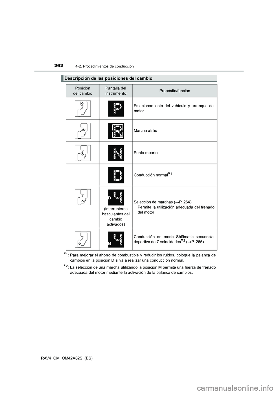 TOYOTA RAV4 2015  Manual del propietario (in Spanish) 2624-2. Procedimientos de conducción
RAV4_OM_OM42A82S_(ES)
*1: Para mejorar el ahorro de combustible y reducir los ruidos, coloque la palanca decambios en la posición D si va a realizar una conducci