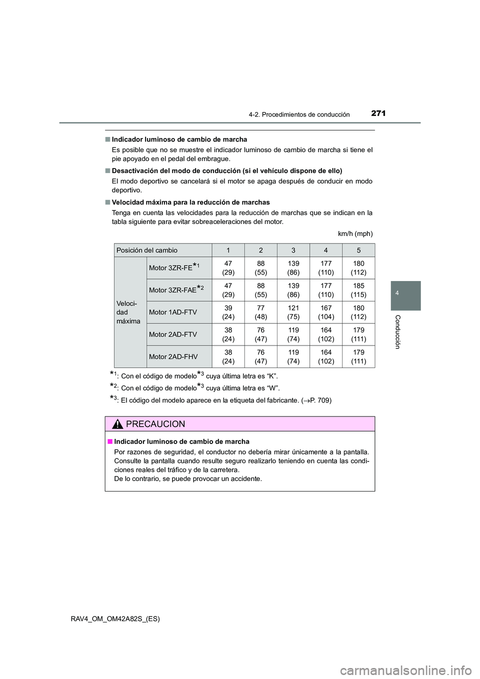 TOYOTA RAV4 2015  Manual del propietario (in Spanish) 2714-2. Procedimientos de conducción
4
Conducción
RAV4_OM_OM42A82S_(ES)
■Indicador luminoso de cambio de marcha
Es posible que no se muestre el indicador luminoso de cambio de marcha si tiene el
p