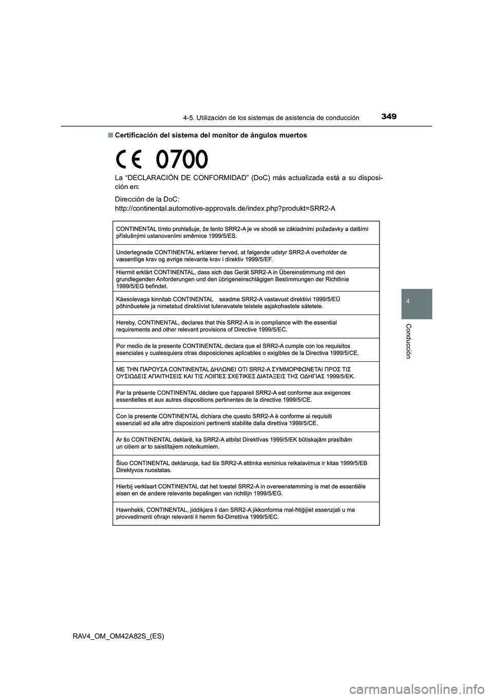 TOYOTA RAV4 2015  Manual del propietario (in Spanish) 3494-5. Utilización de los sistemas de asistencia de conducción
4
Conducción
RAV4_OM_OM42A82S_(ES)■
Certificación del sistema del  monitor de ángulos muertos
La “DECLARACIÓN DE CONFORMIDAD