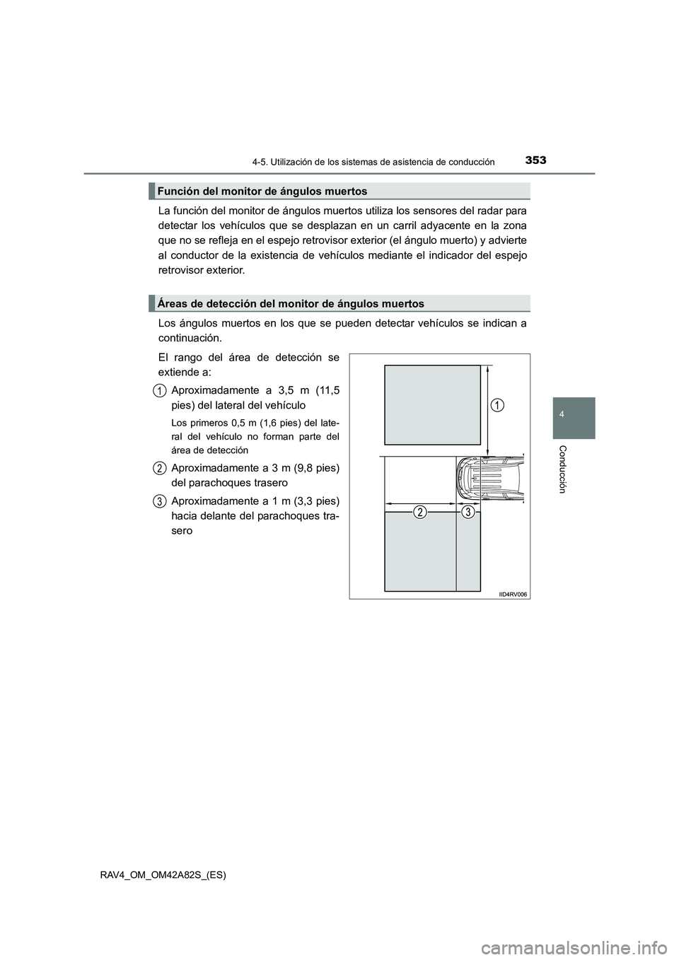 TOYOTA RAV4 2015  Manual del propietario (in Spanish) 3534-5. Utilización de los sistemas de asistencia de conducción
4
Conducción
RAV4_OM_OM42A82S_(ES)
La función del monitor de ángulos muertos utiliza los sensores del radar para
detectar los vehí