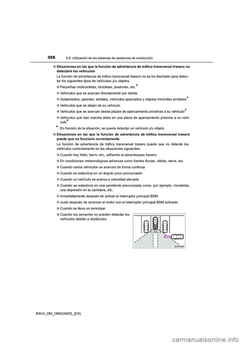 TOYOTA RAV4 2015  Manual del propietario (in Spanish) 3584-5. Utilización de los sistemas de asistencia de conducción
RAV4_OM_OM42A82S_(ES)■
Situaciones en las que la función de ad vertencia de tráfico transversal trasero no
detectará los vehícul