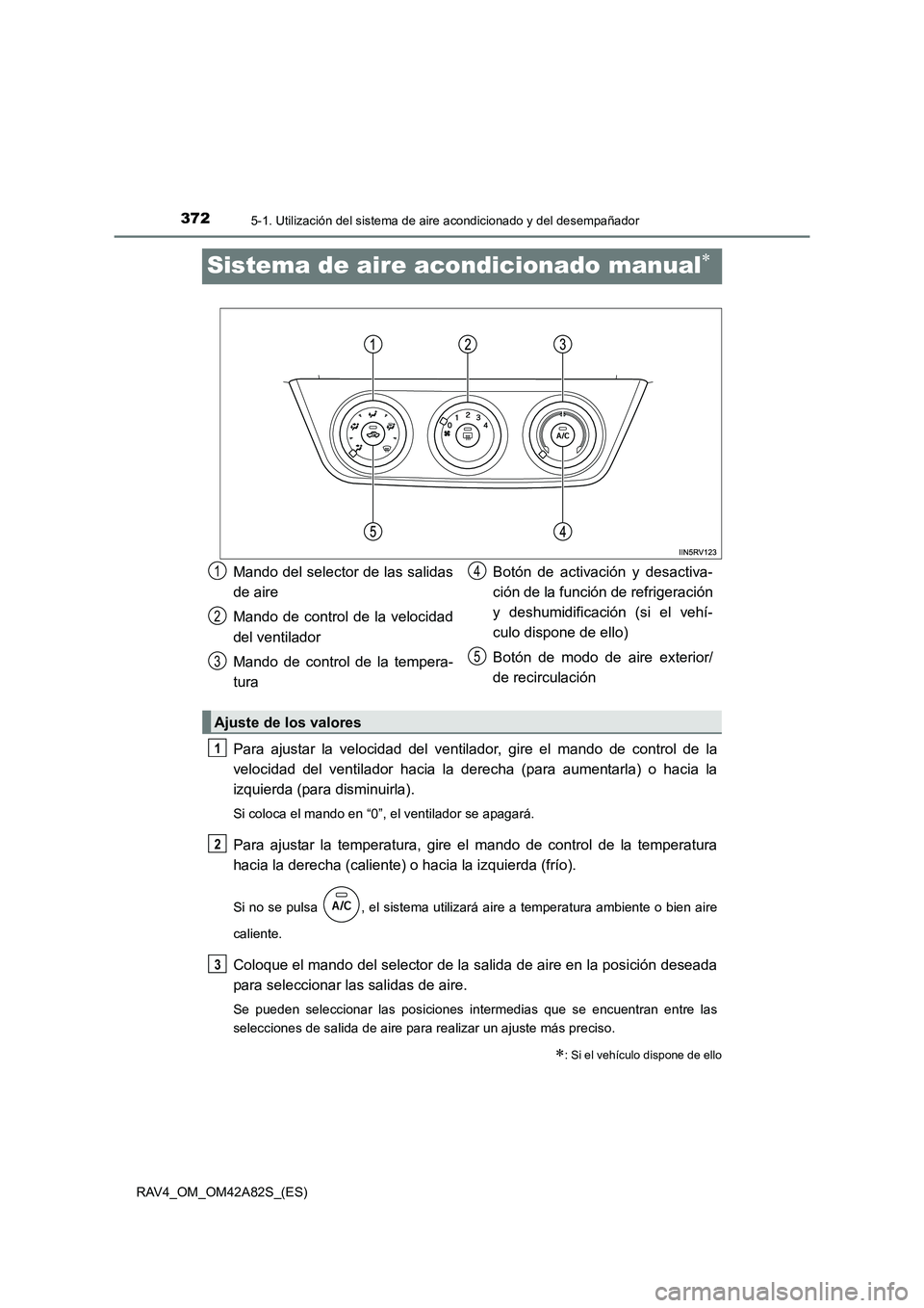 TOYOTA RAV4 2015  Manual del propietario (in Spanish) 3725-1. Utilización del sistema de aire acondicionado y del desempañador
RAV4_OM_OM42A82S_(ES)
Sistema de aire acondicionado manual∗
Para ajustar la velocidad del ventilador, gire el mando de cont