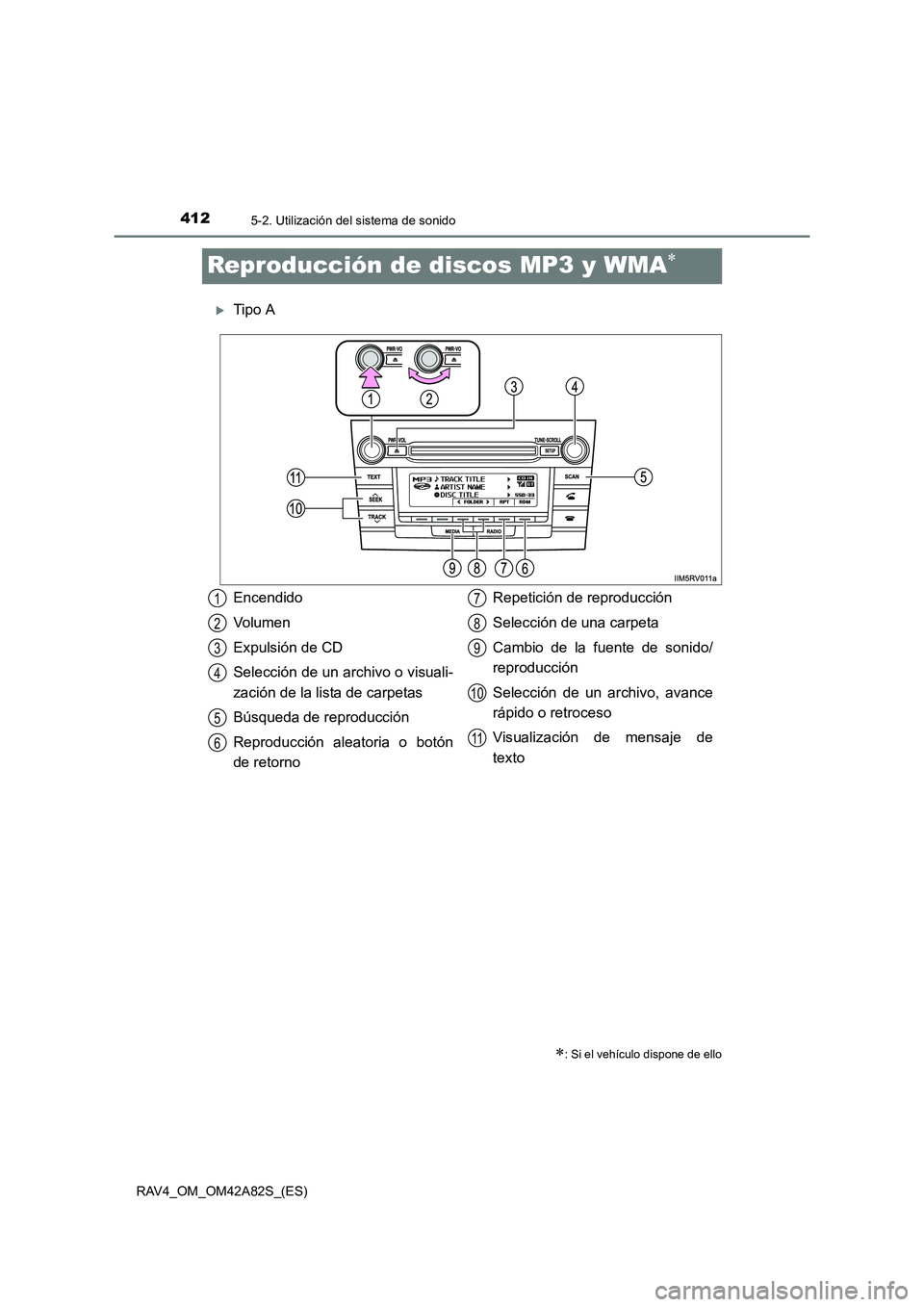 TOYOTA RAV4 2015  Manual del propietario (in Spanish) 4125-2. Utilización del sistema de sonido
RAV4_OM_OM42A82S_(ES)
Reproducción de discos MP3 y WMA∗
�XTipo A
∗: Si el vehículo dispone de ello
Encendido
Vo l u m e n
Expulsión de CD
Selección d
