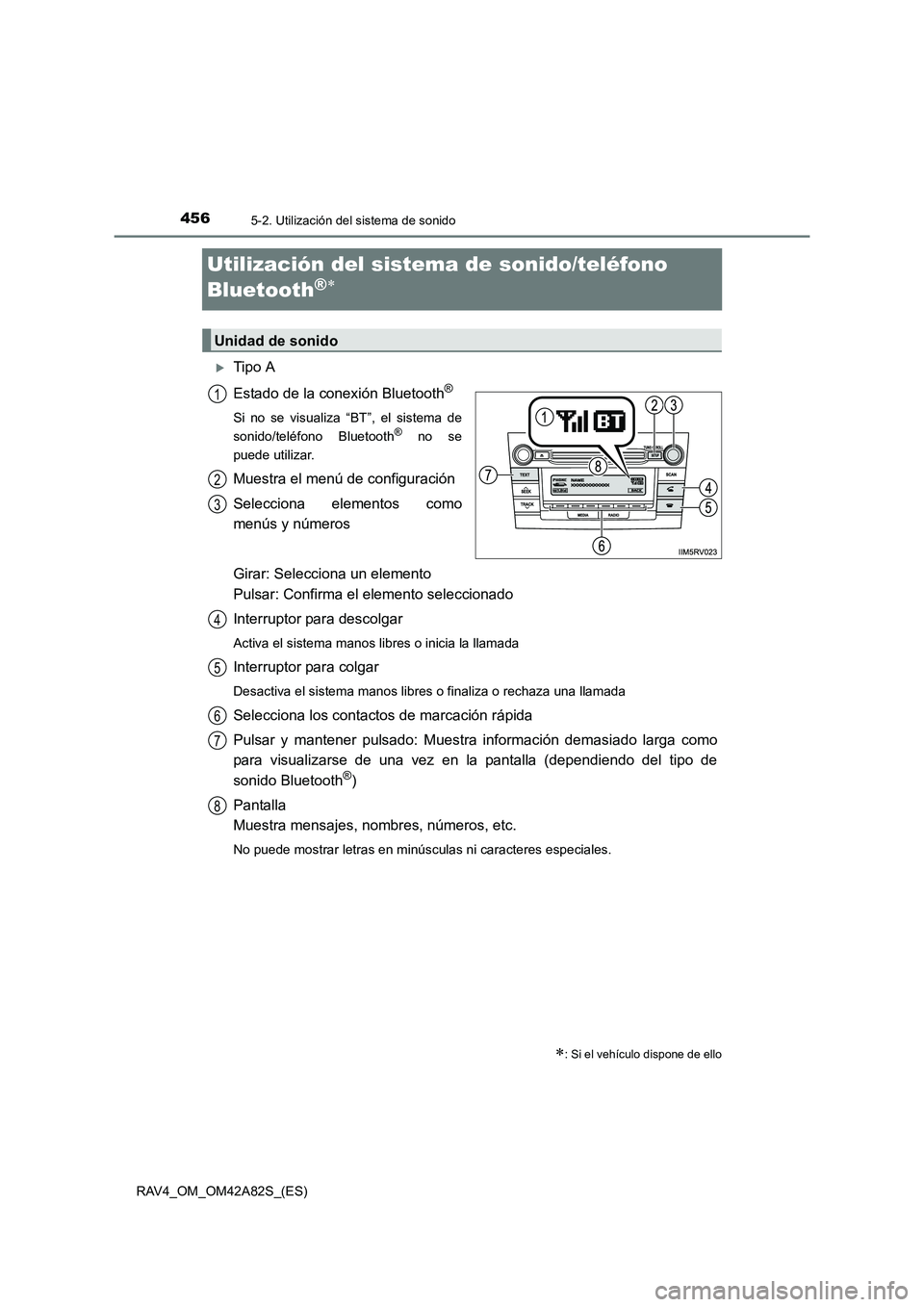 TOYOTA RAV4 2015  Manual del propietario (in Spanish) 4565-2. Utilización del sistema de sonido
RAV4_OM_OM42A82S_(ES)
Utilización del sistema de sonido/teléfono 
Bluetooth
®∗
�XTipo A
Estado de la conexión Bluetooth
®
Si no se visualiza “BT”,