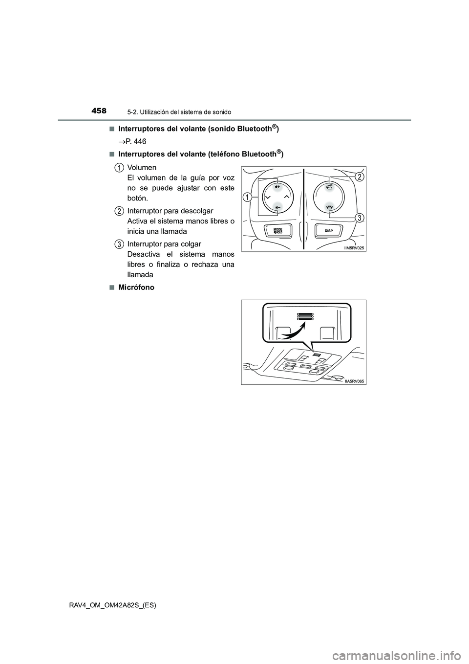 TOYOTA RAV4 2015  Manual del propietario (in Spanish) 4585-2. Utilización del sistema de sonido
RAV4_OM_OM42A82S_(ES)■
Interruptores del volante (sonido Bluetooth®)
→ P. 446
■Interruptores del volante (teléfono Bluetooth®)
Volumen 
El volumen d