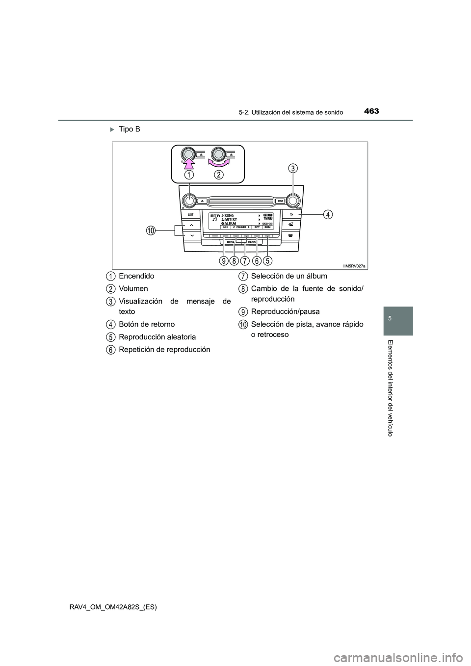 TOYOTA RAV4 2015  Manual del propietario (in Spanish) 4635-2. Utilización del sistema de sonido
5
Elementos del interior del vehículo
RAV4_OM_OM42A82S_(ES)
�XTipo B
Encendido
Vo l u m e n
Visualización de mensaje de
texto
Botón de retorno
Reproducci