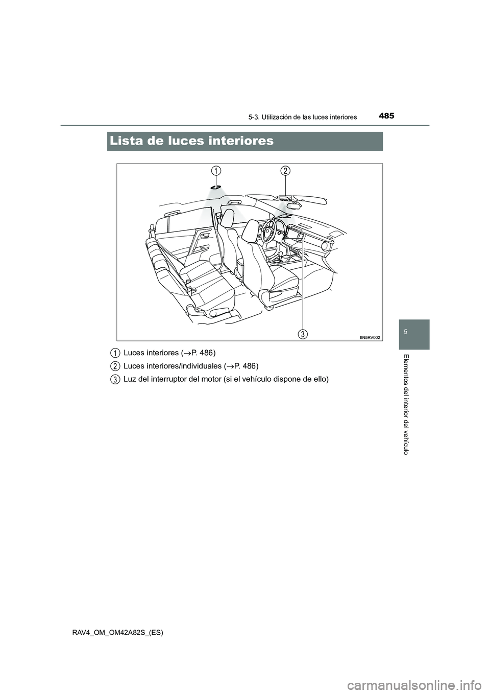 TOYOTA RAV4 2015  Manual del propietario (in Spanish) 485
5
5-3. Utilización de las luces interiores
Elementos del interior del vehículo
RAV4_OM_OM42A82S_(ES)
Lista de luces interiores
Luces interiores (→P. 486)
Luces interiores/individuales ( →P. 