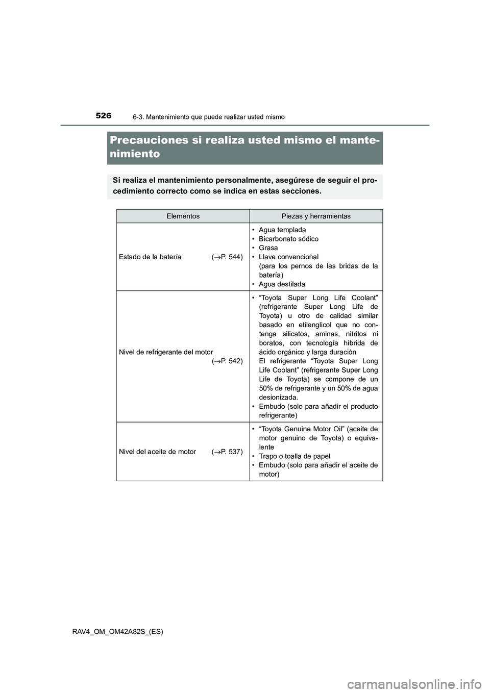 TOYOTA RAV4 2015 Manual del propietario (in Spanish) 5266-3. Mantenimiento que puede realizar usted mismo
RAV4_OM_OM42A82S_(ES)
Precauciones si realiza usted mismo el mante-
nimiento
Si realiza el mantenimiento personalmente, asegúrese de seguir el pro TOYOTA RAV4 2015 Manual del propietario (in Spanish) 5266-3. Mantenimiento que puede realizar usted mismo
RAV4_OM_OM42A82S_(ES)
Precauciones si realiza usted mismo el mante-
nimiento
Si realiza el mantenimiento personalmente, asegúrese de seguir el pro