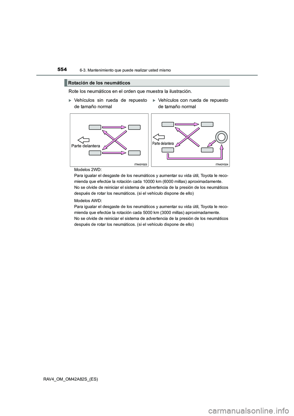 TOYOTA RAV4 2015 Manual del propietario (in Spanish) 5546-3. Mantenimiento que puede realizar usted mismo
RAV4_OM_OM42A82S_(ES)
Rote los neumáticos en el orden que muestra la ilustración.
Modelos 2WD:
Para igualar el desgaste de los neumáticos y au TOYOTA RAV4 2015 Manual del propietario (in Spanish) 5546-3. Mantenimiento que puede realizar usted mismo
RAV4_OM_OM42A82S_(ES)
Rote los neumáticos en el orden que muestra la ilustración.
Modelos 2WD:
Para igualar el desgaste de los neumáticos y au