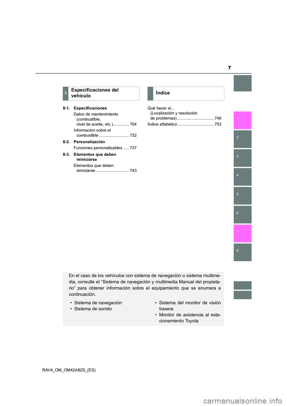 TOYOTA RAV4 2015 Manual del propietario (in Spanish) 7
1
8 7
6
5
4
3
2
RAV4_OM_OM42A82S_(ES)8-1. Especificaciones
Datos de mantenimiento (combustible,
nivel de aceite, etc.).............. 704
Información sobre el combustible ......................... TOYOTA RAV4 2015 Manual del propietario (in Spanish) 7
1
8 7
6
5
4
3
2
RAV4_OM_OM42A82S_(ES)8-1. Especificaciones
Datos de mantenimiento (combustible,
nivel de aceite, etc.).............. 704
Información sobre el combustible .........................