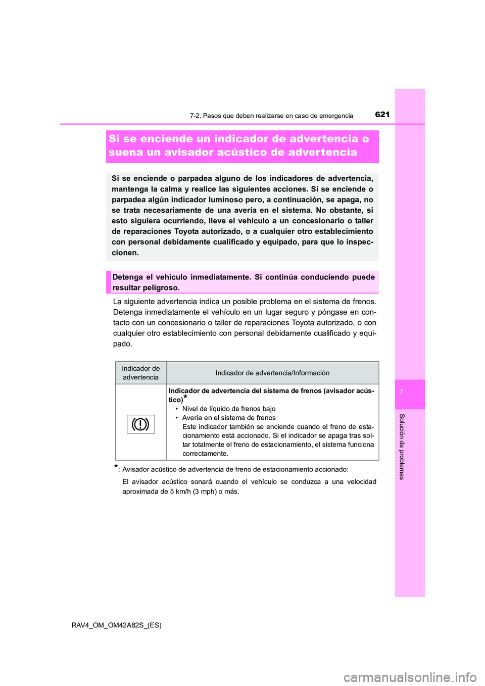 TOYOTA RAV4 2015 Manual del propietario (in Spanish) 621
7
7-2. Pasos que deben realizarse en caso de emergencia
Solución de problemas
RAV4_OM_OM42A82S_(ES)
Si se enciende un indicador de adver tencia o
suena un avisador acú stico de adver tencia
La TOYOTA RAV4 2015 Manual del propietario (in Spanish) 621
7
7-2. Pasos que deben realizarse en caso de emergencia
Solución de problemas
RAV4_OM_OM42A82S_(ES)
Si se enciende un indicador de adver tencia o
suena un avisador acú stico de adver tencia
La