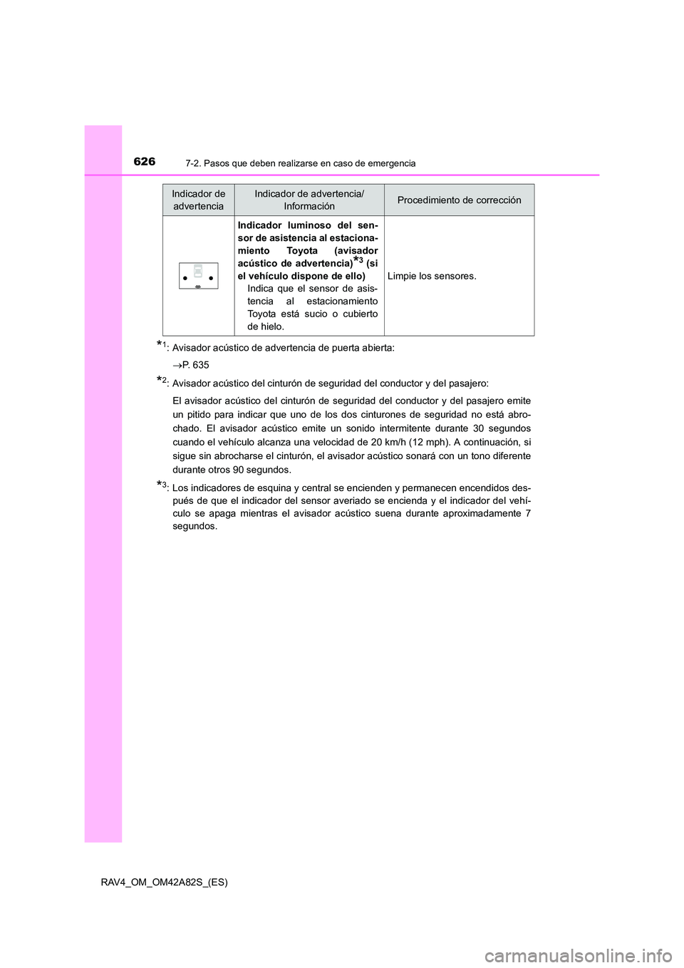 TOYOTA RAV4 2015 Manual del propietario (in Spanish) 6267-2. Pasos que deben realizarse en caso de emergencia
RAV4_OM_OM42A82S_(ES)
*1: Avisador acústico de advertencia de puerta abierta:→ P. 6 3 5
*2: Avisador acústico del cinturón de seguridad d TOYOTA RAV4 2015 Manual del propietario (in Spanish) 6267-2. Pasos que deben realizarse en caso de emergencia
RAV4_OM_OM42A82S_(ES)
*1: Avisador acústico de advertencia de puerta abierta:→ P. 6 3 5
*2: Avisador acústico del cinturón de seguridad d