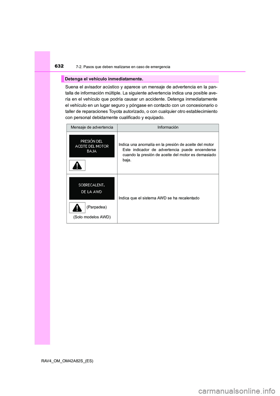 TOYOTA RAV4 2015 Manual del propietario (in Spanish) 6327-2. Pasos que deben realizarse en caso de emergencia
RAV4_OM_OM42A82S_(ES)
Suena el avisador acústico y aparece un mensaje de advertencia en la pan-
talla de información múltiple. La siguiente TOYOTA RAV4 2015 Manual del propietario (in Spanish) 6327-2. Pasos que deben realizarse en caso de emergencia
RAV4_OM_OM42A82S_(ES)
Suena el avisador acústico y aparece un mensaje de advertencia en la pan-
talla de información múltiple. La siguiente
