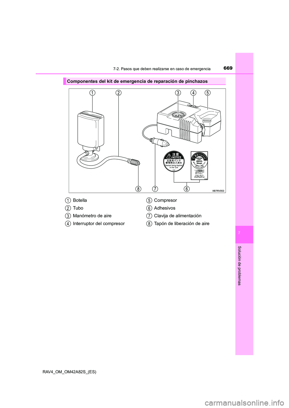 TOYOTA RAV4 2015  Manual del propietario (in Spanish) 6697-2. Pasos que deben realizarse en caso de emergencia
7
Solución de problemas
RAV4_OM_OM42A82S_(ES)
Componentes del kit de emergencia de reparación de pinchazos
Botella
Tubo
Manómetro de aire
In
