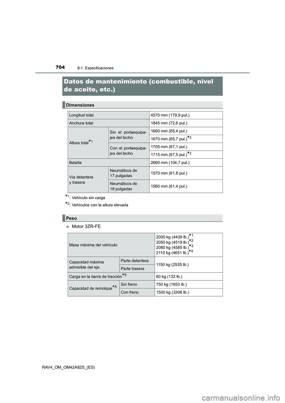TOYOTA RAV4 2015  Manual del propietario (in Spanish) 7048-1. Especificaciones
RAV4_OM_OM42A82S_(ES)
Datos de mantenimiento (combustible, nivel 
de aceite, etc.)*
1: Vehículo sin carga
*2: Vehículos con la altura elevada
�XMotor 3ZR-FE
Dimensiones
Long