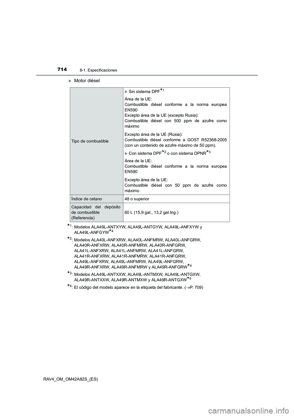 TOYOTA RAV4 2015  Manual del propietario (in Spanish) 7148-1. Especificaciones
RAV4_OM_OM42A82S_(ES)
�XMotor diésel
*1: Modelos ALA49L-ANTXYW, ALA49L-ANTGYW, ALA49L-ANFXYW y ALA49L-ANFGYW
*4
*2: Modelos ALA40L-ANFXRW, ALA40L-ANFMRW, ALA40L-ANFGRW, ALA40