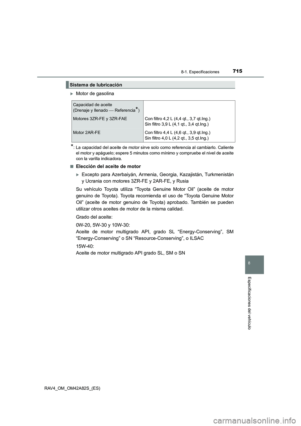 TOYOTA RAV4 2015  Manual del propietario (in Spanish) 715
8
8-1. Especificaciones
Especificaciones del vehículo
RAV4_OM_OM42A82S_(ES)
�XMotor de gasolina
*: La capacidad del aceite de motor sirve solo como referencia al cambiarlo. Calienteel motor y ap