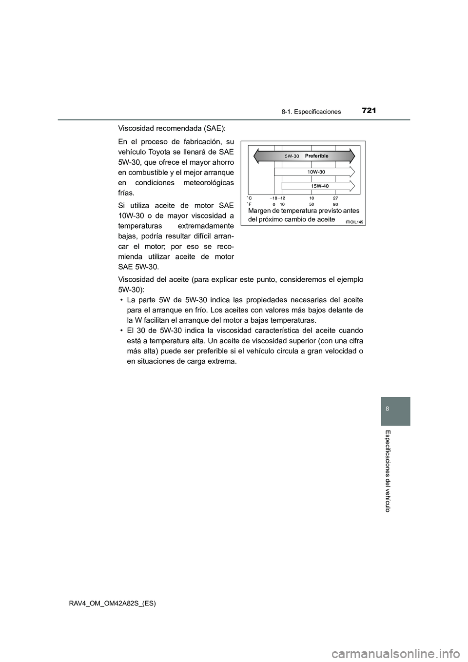 TOYOTA RAV4 2015  Manual del propietario (in Spanish) 721
8
8-1. Especificaciones
Especificaciones del vehículo
RAV4_OM_OM42A82S_(ES)
Viscosidad recomendada (SAE):
En el proceso de fabricación, su
vehículo Toyota se llenará de SAE
5W-30, que ofrece e