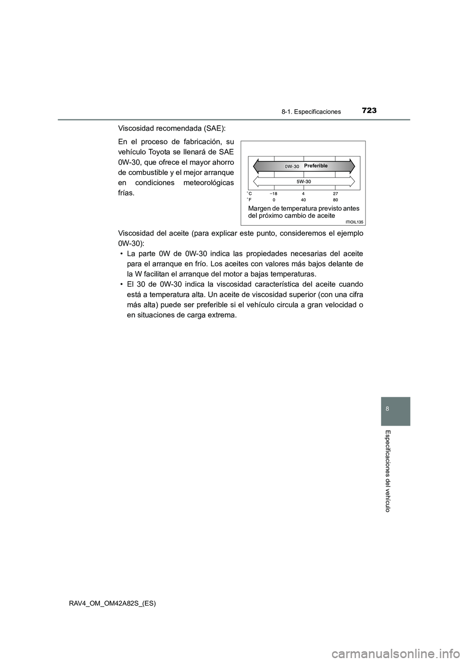 TOYOTA RAV4 2015  Manual del propietario (in Spanish) 723
8
8-1. Especificaciones
Especificaciones del vehículo
RAV4_OM_OM42A82S_(ES)
Viscosidad recomendada (SAE):
En el proceso de fabricación, su
vehículo Toyota se llenará de SAE
0W-30, que ofrece e
