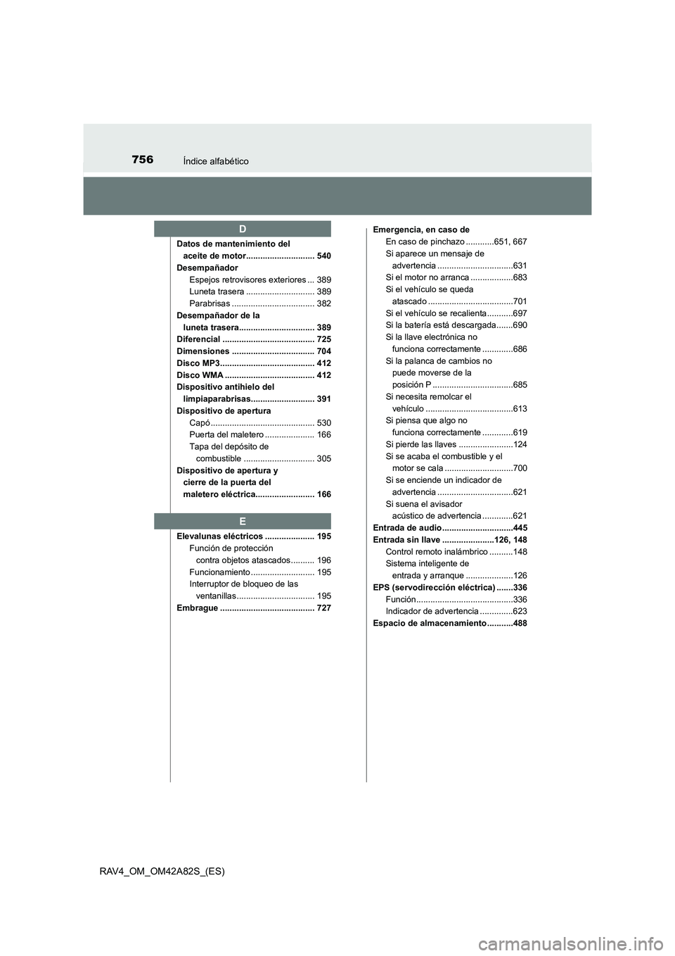 TOYOTA RAV4 2015 Manual del propietario (in Spanish) 756Índice alfabético
RAV4_OM_OM42A82S_(ES)
Datos de mantenimiento del aceite de motor............................. 540
Desempañador Espejos retrovisores exteriores ... 389
Luneta trasera .......... TOYOTA RAV4 2015 Manual del propietario (in Spanish) 756Índice alfabético
RAV4_OM_OM42A82S_(ES)
Datos de mantenimiento del aceite de motor............................. 540
Desempañador Espejos retrovisores exteriores ... 389
Luneta trasera ..........